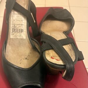 DKNY Black Leather Peep-Toe Mules with Cross Strap